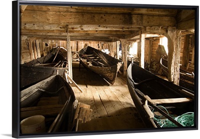 Norway, Vagsoy, Vagsvag village, old fishing boats at the Vagsberget Trading Post