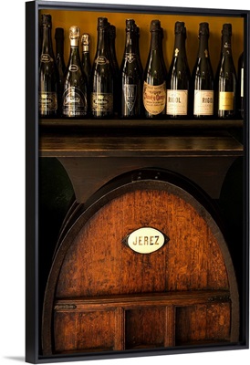 Spain, Aragon, Saragossa, Bodegas Almau Tapas Bar, wine and Jerez barrel