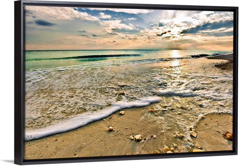 Landscape photography of a beautiful beach sunset with a green seascape. This picture is titled Sea Shells on Beach for th...