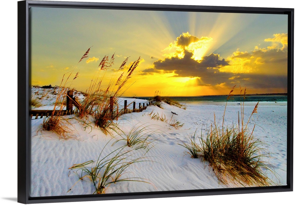 Landscape photograph of a golden beach sunset along a beautiful coast. This golden sunset has magnificent golden light bre...