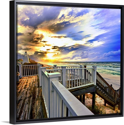 White Staircase Before Beach With Blue Gold Sunset