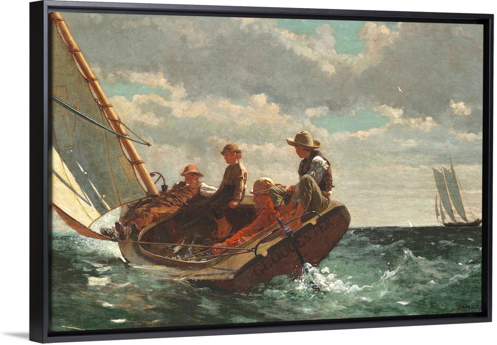 Breezing Up (A Fair Wind), by Winslow Homer, 1873-76, American painting, oil on canvas. A man, three boys, and their catch...