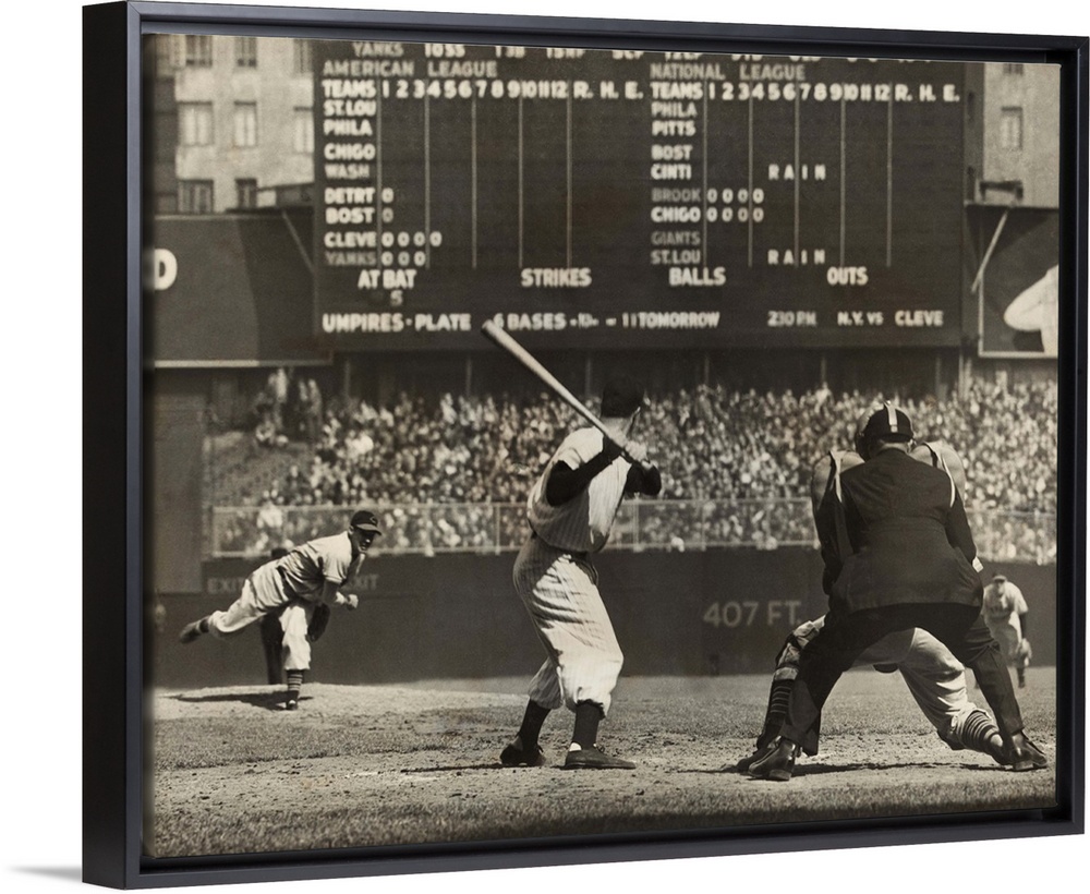 Cleveland Indians', Bob Feller, pitching to New York Yankees' Joe DiMaggio. April 30, 1946. Frankie Hayes was catching, an...