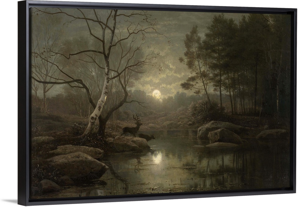 Forest Landscape in the Moonlight, by Georg Eduard Otto Saal, 1861, Dutch painting, oil on canvas. Autumn night scene with...