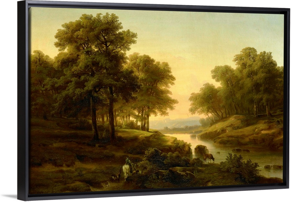 Landscape, by Alexandre Calame, 1830-45, Dutch painting, oil on canvas. Sunset reflected in a river with shepherd on horse...