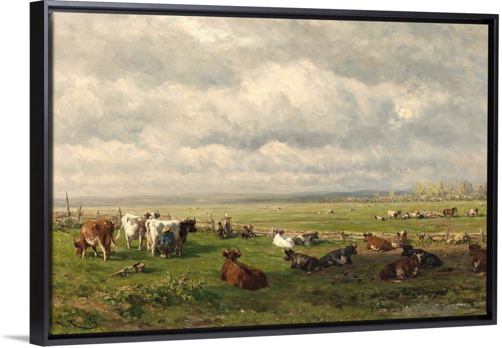 Meadow Landscape with Cattle, by Willem Roelofs 1st, c. 1880, Dutch painting, oil on canvas. Farmer milking cows in the fi...