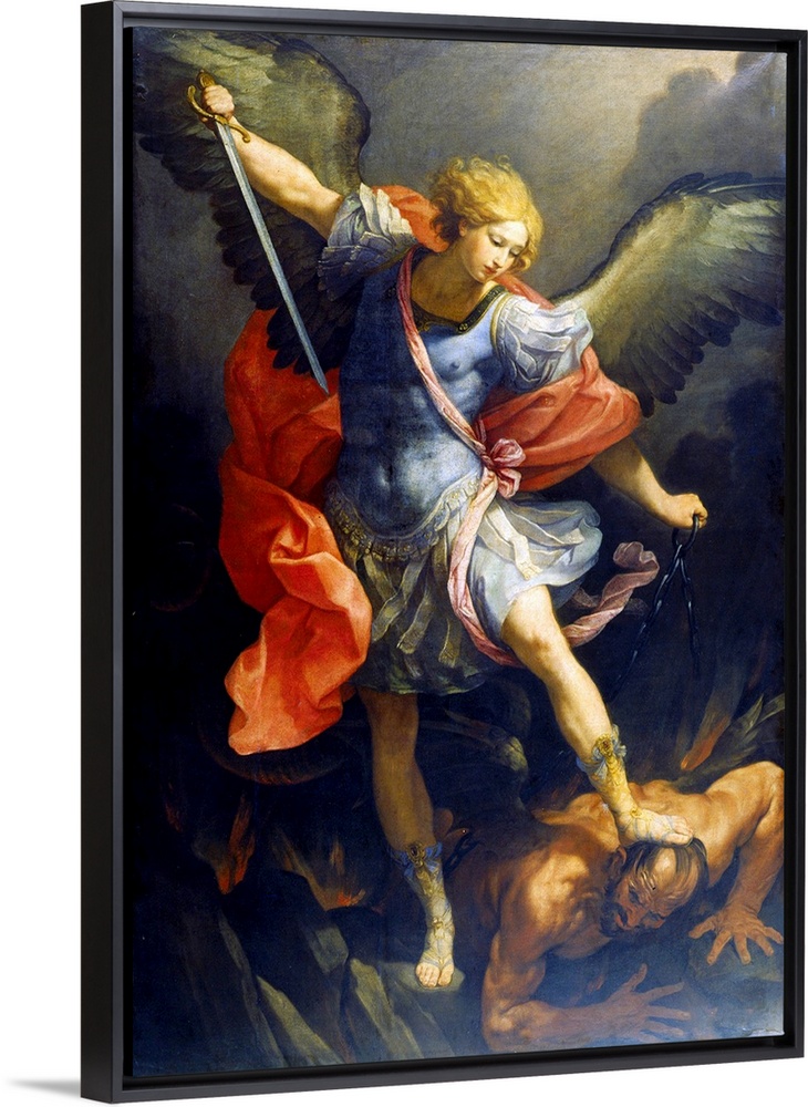 St. Michael the Archangel, by Reni Guido, 1635, 17th Century, originally oil on silk. St. Michael stepping on Devil's head...
