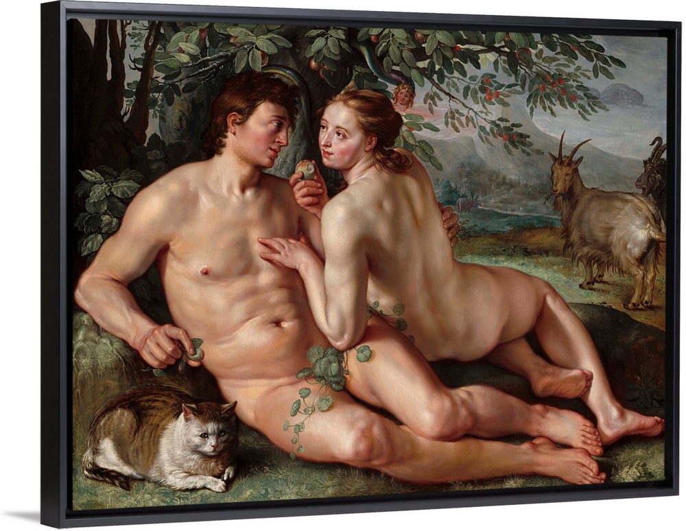 The Fall of Man, by Hendrick Goltzius, 1616, Dutch painting, oil on canvas. Goltzius presents the seduction based on mutua...