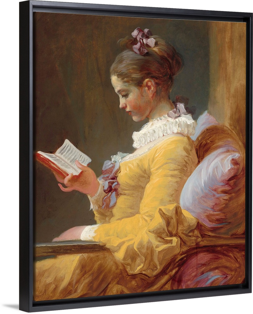 Young Girl Reading, by Jean-Honore Fragonard, c. 1770, French painting, oil on canvas. The girl's dress and cushion are pa...