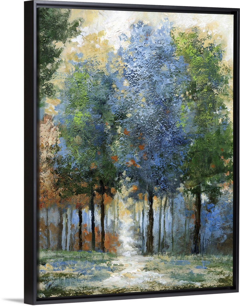 Contemporary artwork of a forest in shades of blue and green with sunlight beaming down.