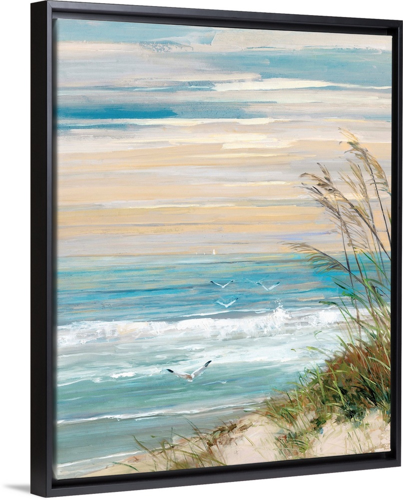 Contemporary painting of a beach scene with crashing ocean waves, beach grass blowing in the wind, flying seabirds, and an...