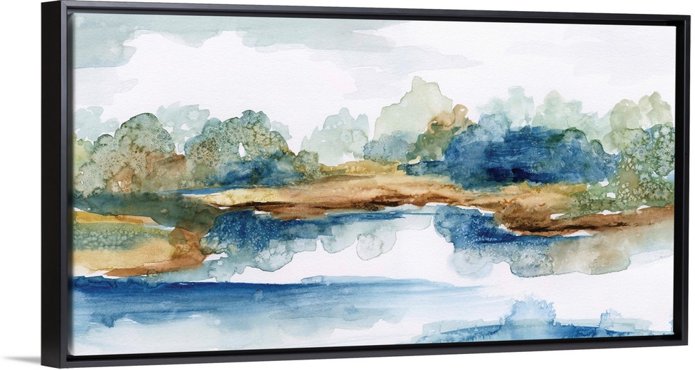 Watercolor landscape painting in cool shades of blue and green.