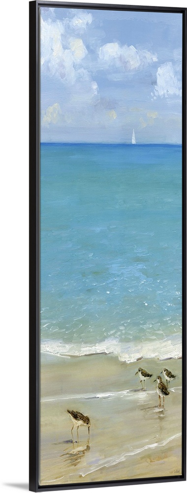 Tall contemporary painting of seabirds on the shore with blue water and a sailboat in the background.