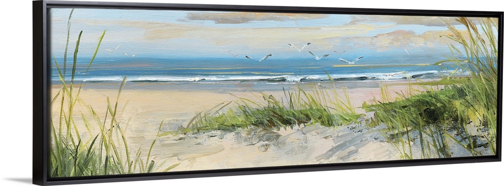 Contemporary landscape painting of grass on a sandy beach at the edge of the ocean.