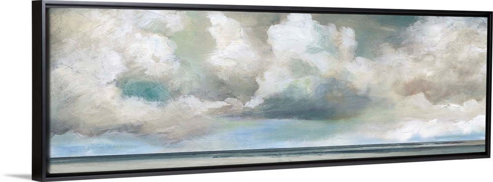 In this contemporary panoramic painting, brisk brush strokes compose white fluffy clouds that drift above a still body of ...