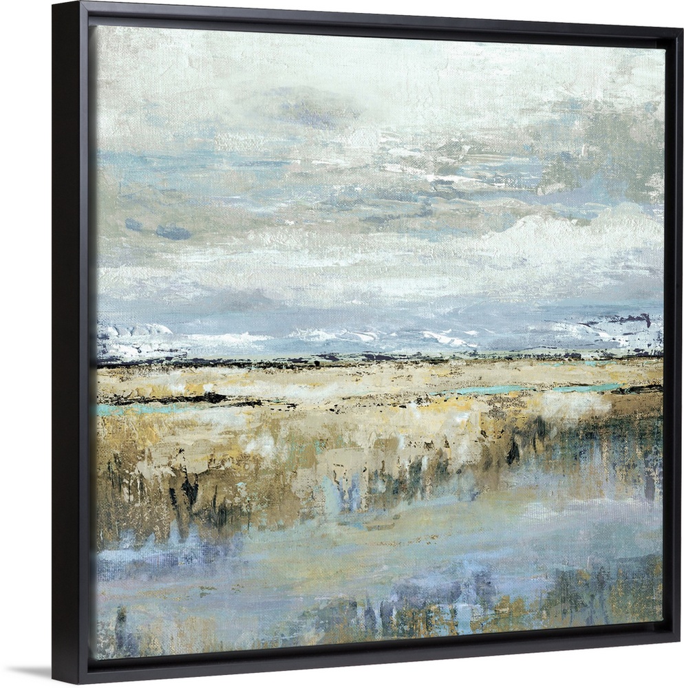 Square abstract painting of a marsh landscape in shades of brown, blue, yellow, and grey.