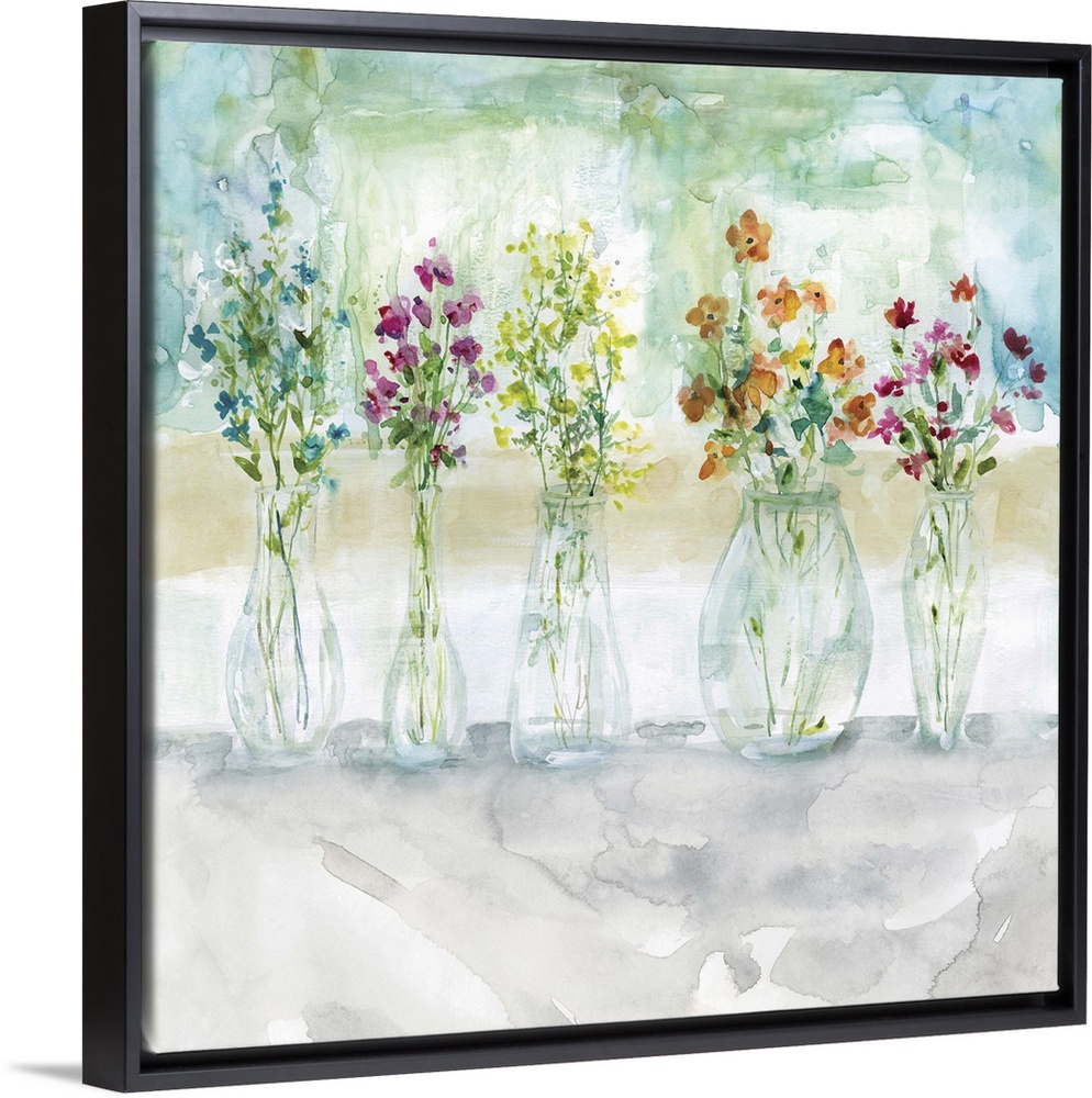 Square watercolor painting of five vases filled with wildflowers.