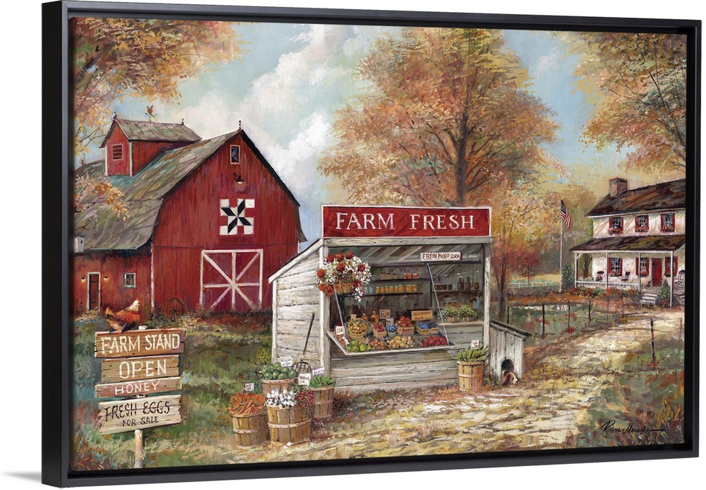Large contemporary painting of a rural farm stand with a red barn and a house in the background.