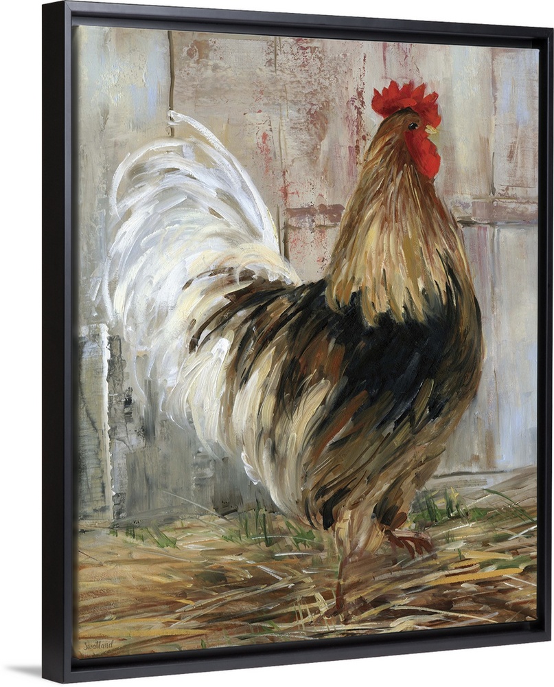 A contemporary painting of a rooster standing outside of a farmhouse.