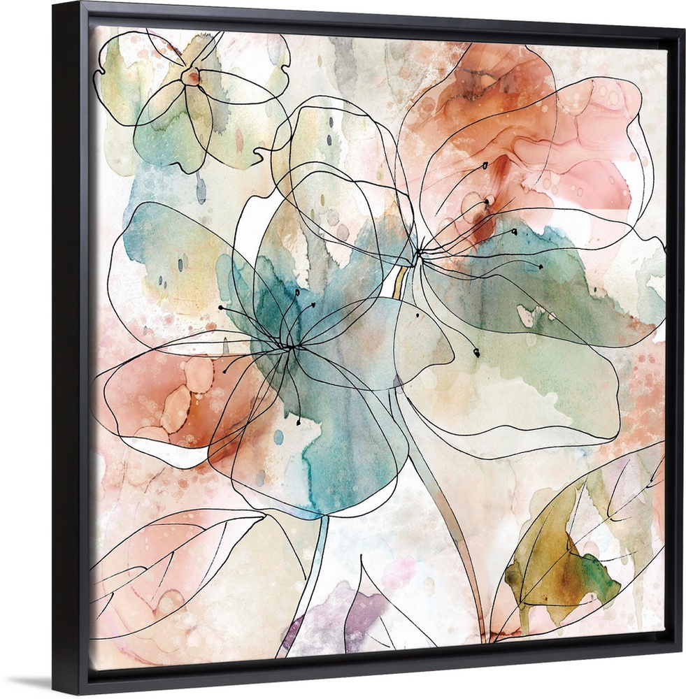 Abstract floral decor with black outlines of flowers on a multi-colored watercolor background.