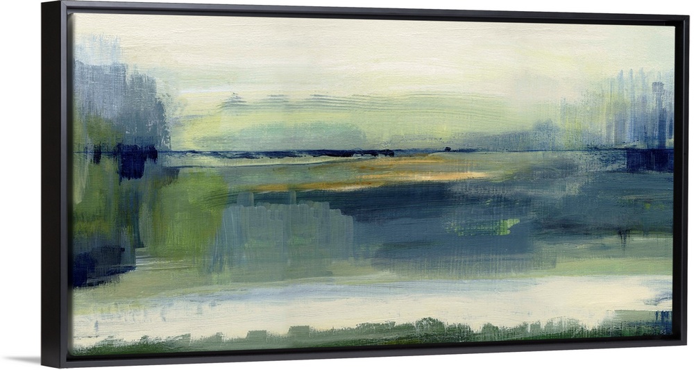 Large contemporary painting of an abstract meadow landscape in shades of blue and green with hints of yellow.