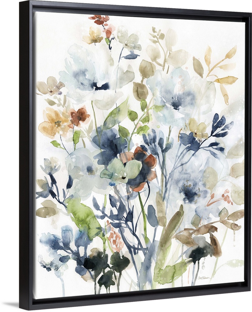 Watercolor painting of wildflowers in earthy colors on a white background.