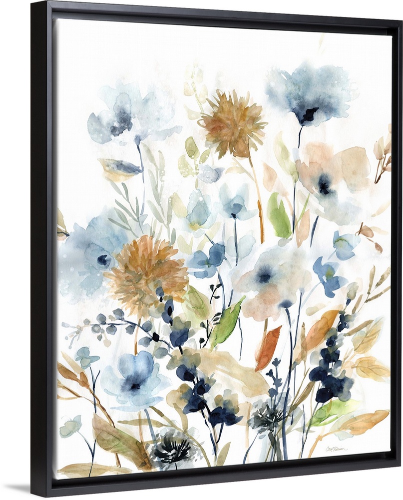 Watercolor painting of wildflowers in earthy colors on a white background.