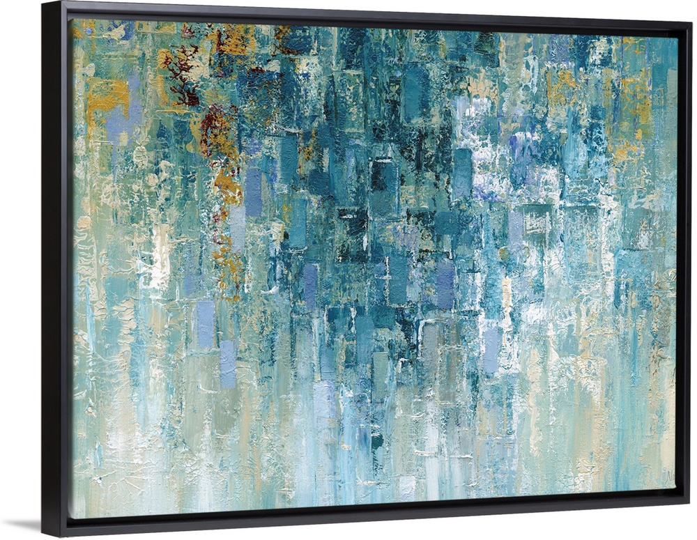 Contemporary abstract art in cool colors with cascading shapes.