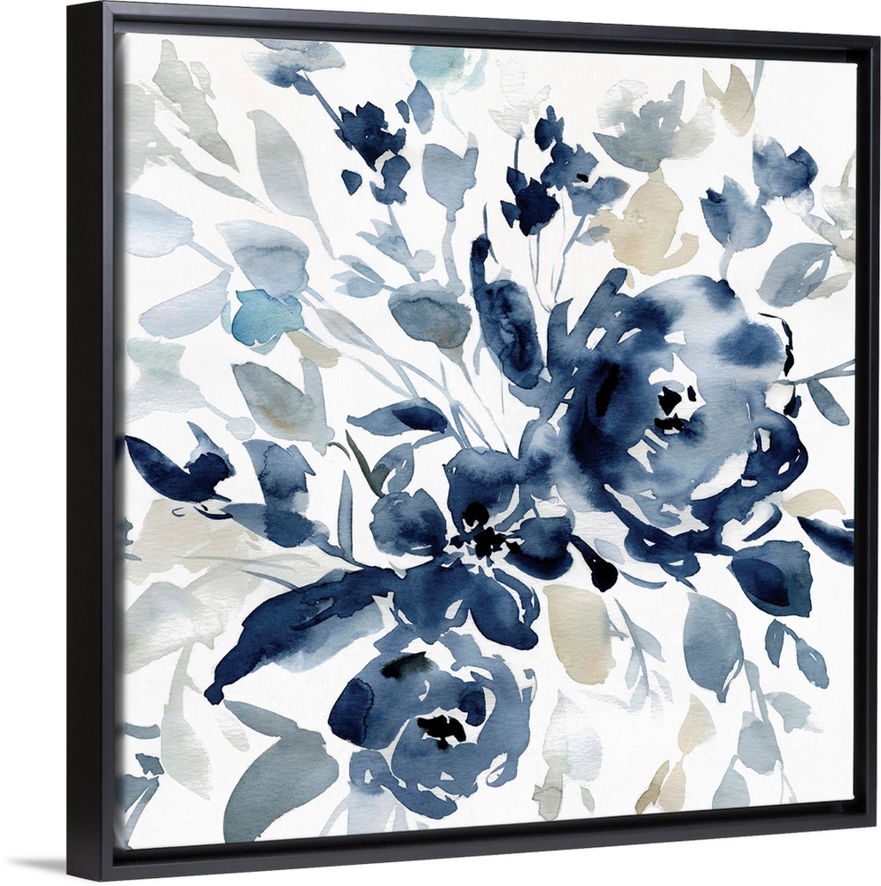 Square watercolor painting of flowers with indigo, gray, and tan hues.