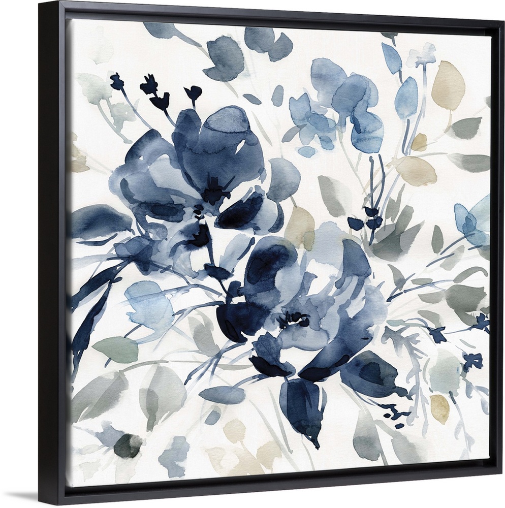 Square watercolor painting of flowers with indigo, gray, and tan hues.