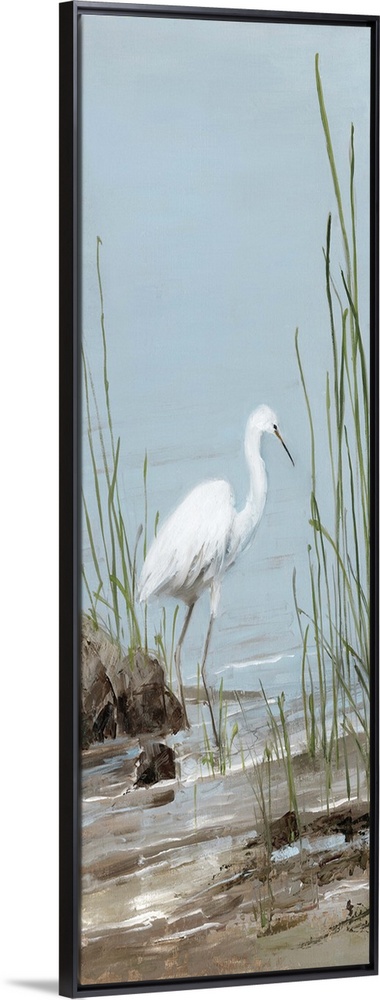 Tall panel painting of an egret on a rocky shore with tall beach grass.