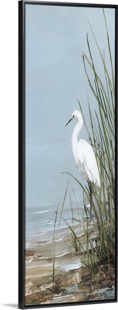 Tall panel painting of an egret walking on the shore with tall beach grass.