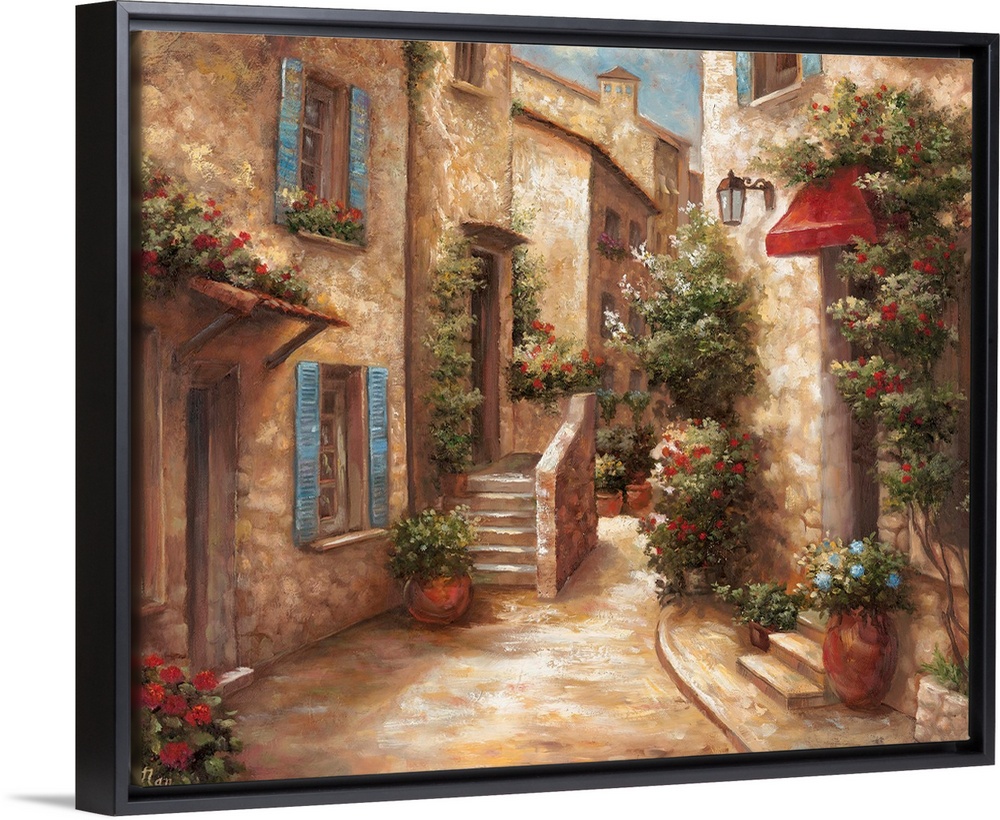 Horizontal, large home art docor of a narrow street running through a stone Italian village, the windows and doorways on e...