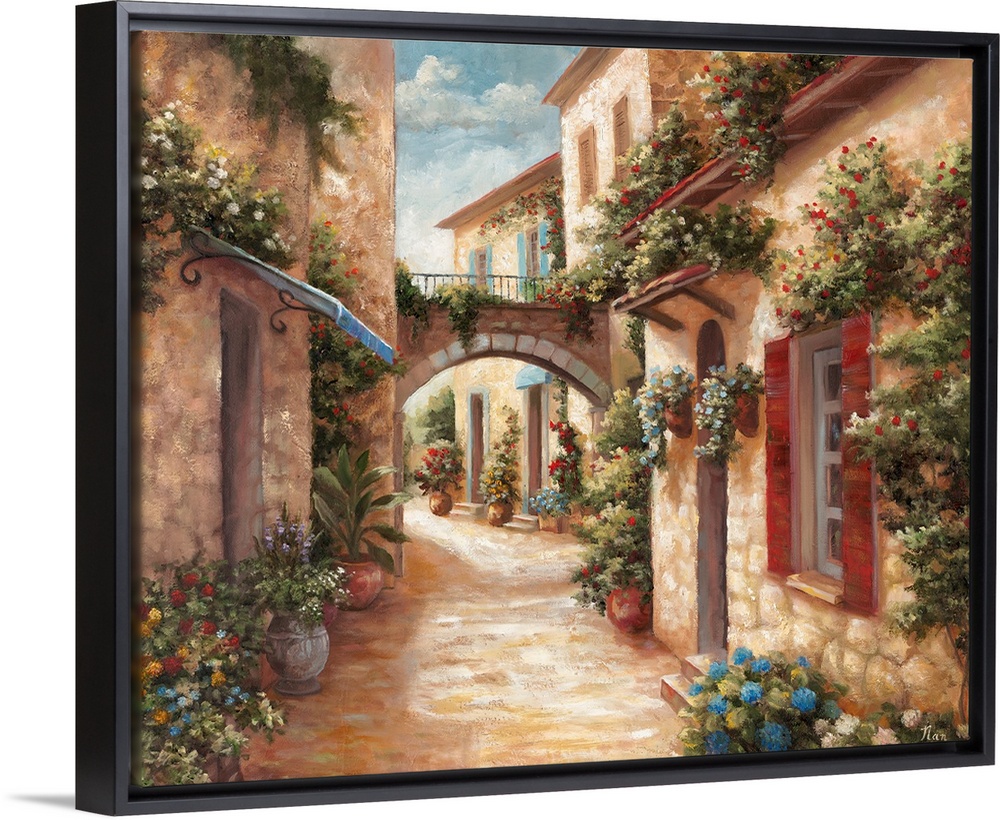 A traditional style painting of a cobblestone alleyway in an Italian village, with doors and windows surrounded by flowers.