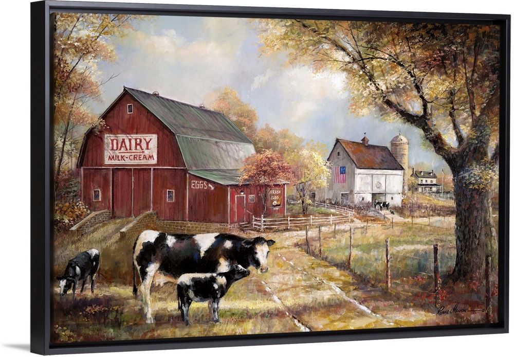 Contemporary painting of a dairy farm with a big red barn and three cows out front on an Autumn day.