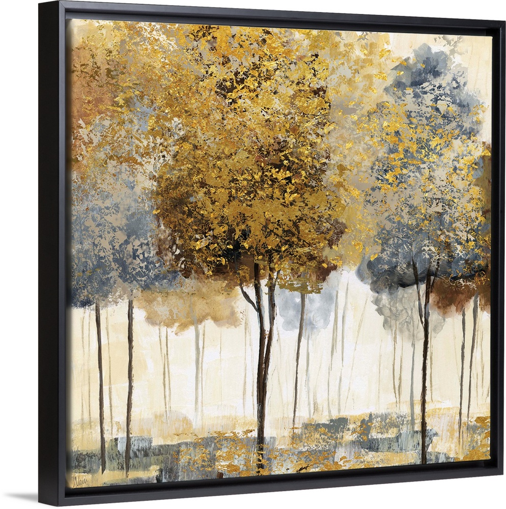 Square decor with metallic gold and silver trees in an abstract forest.