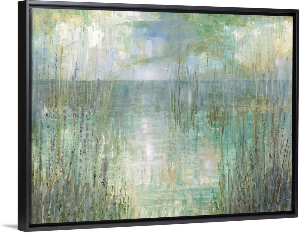 Abstract landscape painting of the ocean behind tall beach grass in pale green, blue, purple, and yellow hues.