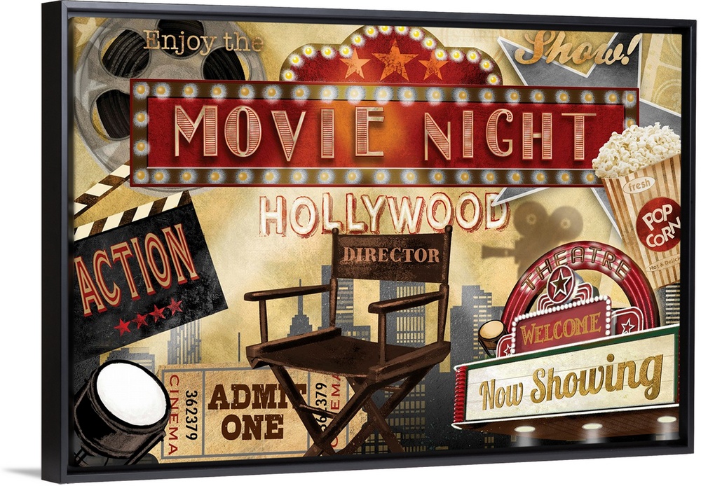 A collage of movie theater themed graphic elements featuring a director's chair, popcorn and other cinema themed items.