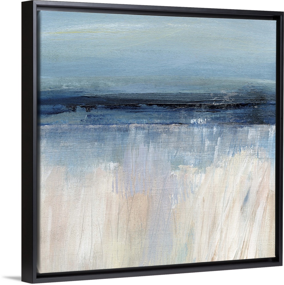 Square abstract painting of a seascape with the sandy beach at the bottom and the ocean and sky above, separated by differ...