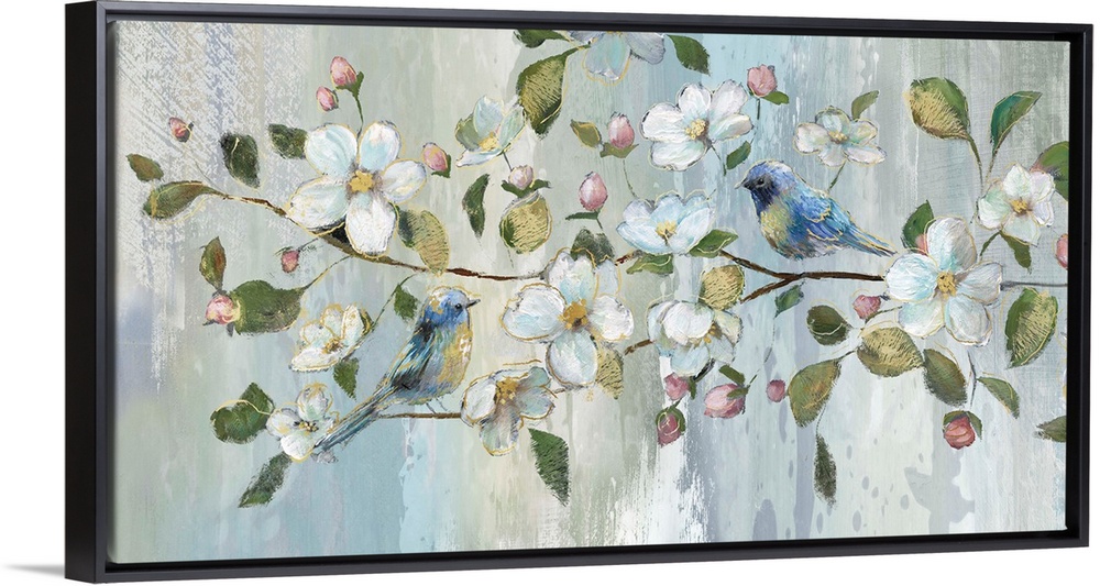 Contemporary painting of two blue birds perched on a branch with white flowers, pink flower buds, and green leaves with go...