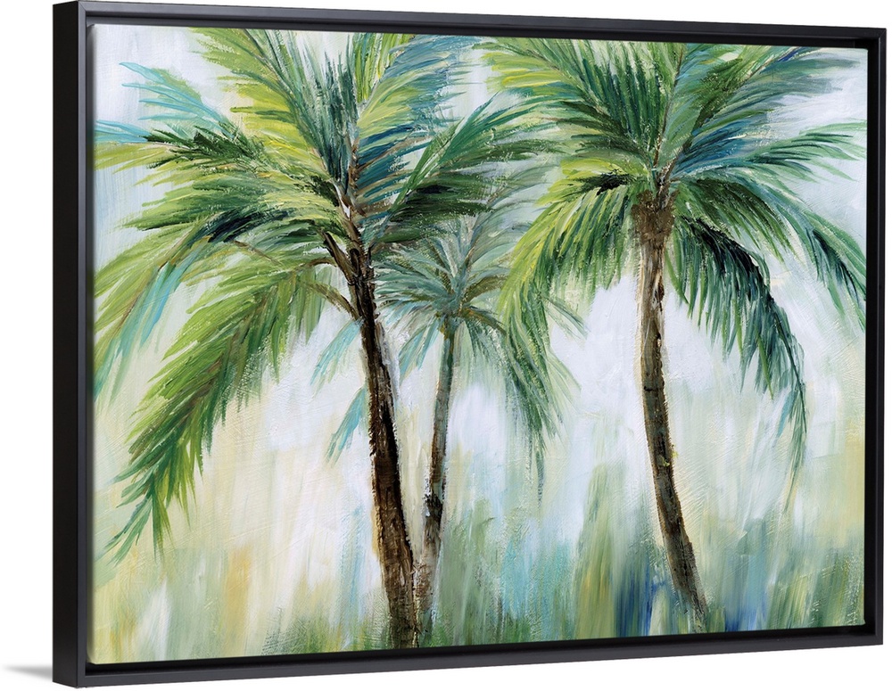 Large palm tree landscape painting in shades of blue, green, yellow, and white.