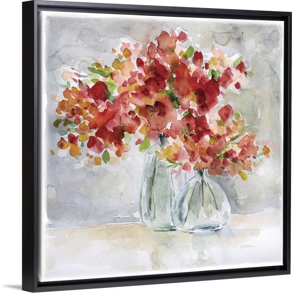 Beautiful square watercolor painting of red and orange flowers in glass vases on a gray and tan background.