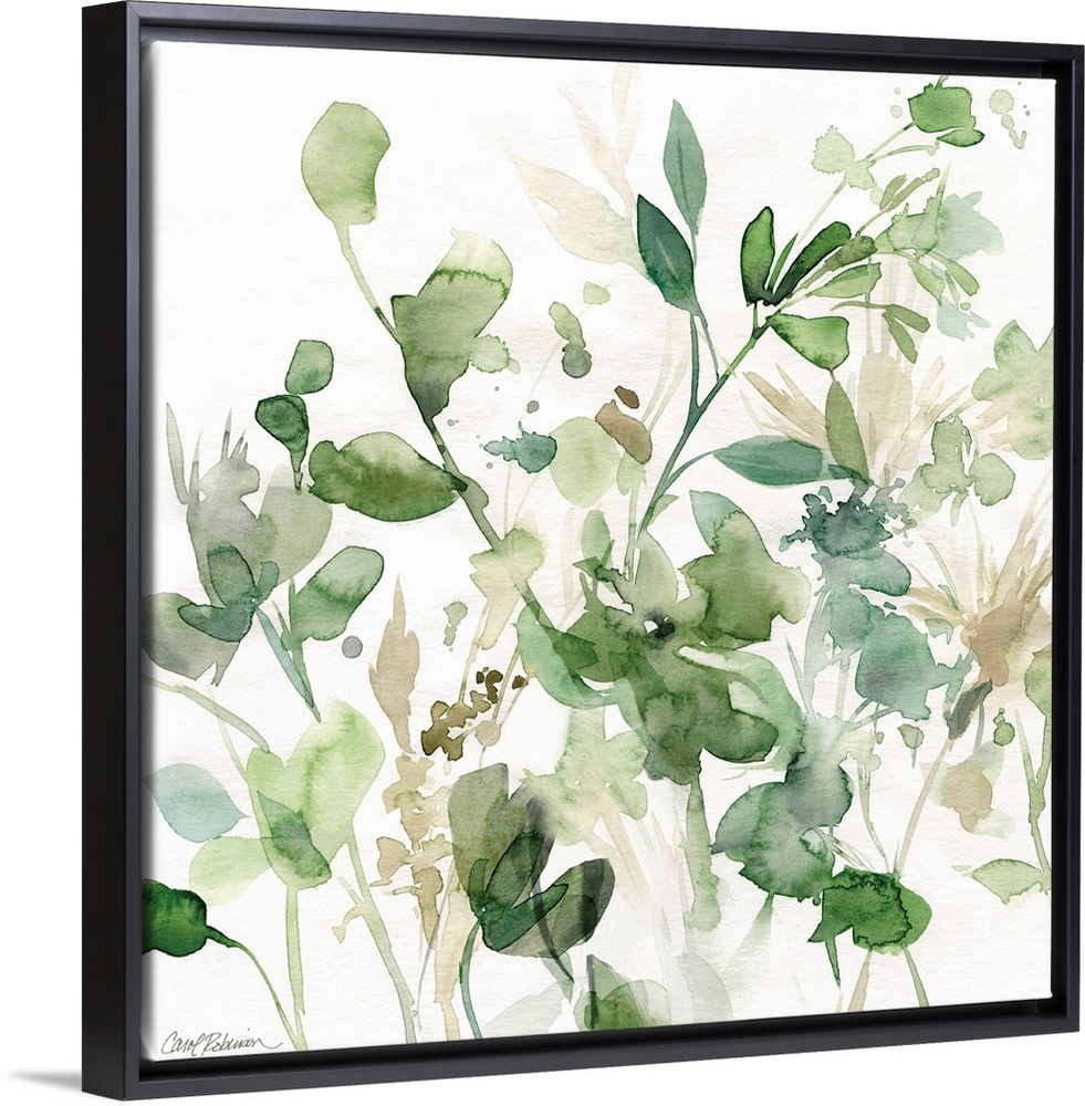 Square watercolor painting of an abstract garden with flowers and vegetation in shades of green, blue, and brown.