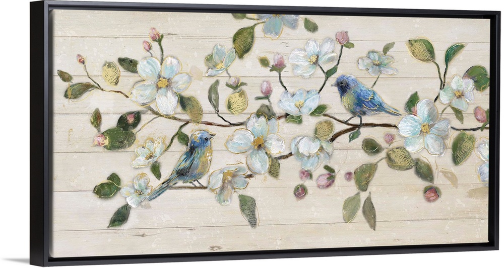 A painting of two birds sitting on a branch surrounded by white flowers on a shiplap background.