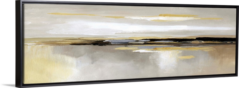 Panoramic abstract painting of various shades of yellow, gray and white that accentuates a centered black horizontal line.