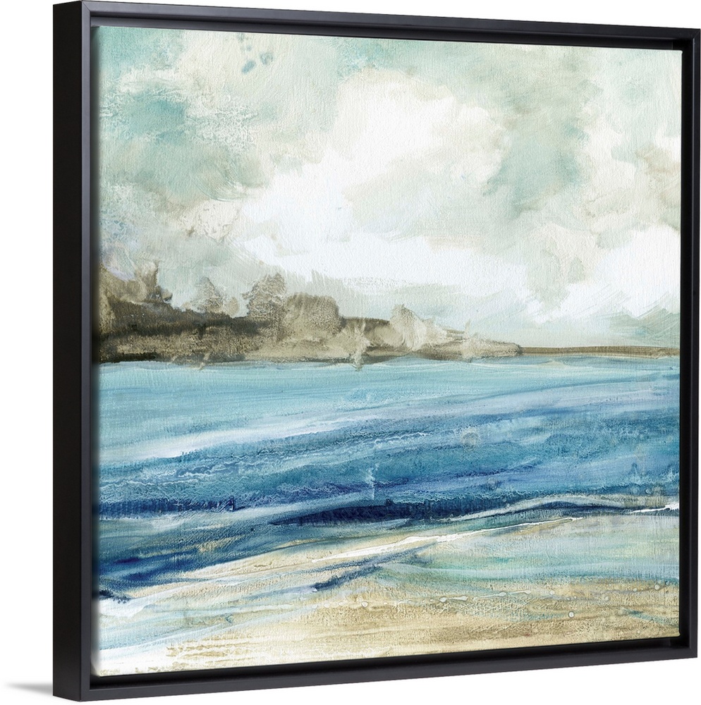 Abstract painting of the beach with layers of blue, gray, and white hues.