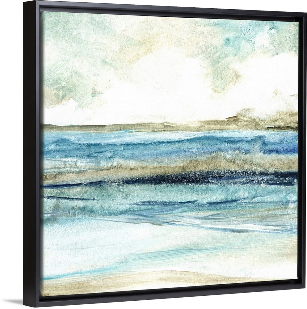 Abstract painting of the beach with layers of blue, gray, and white hues.