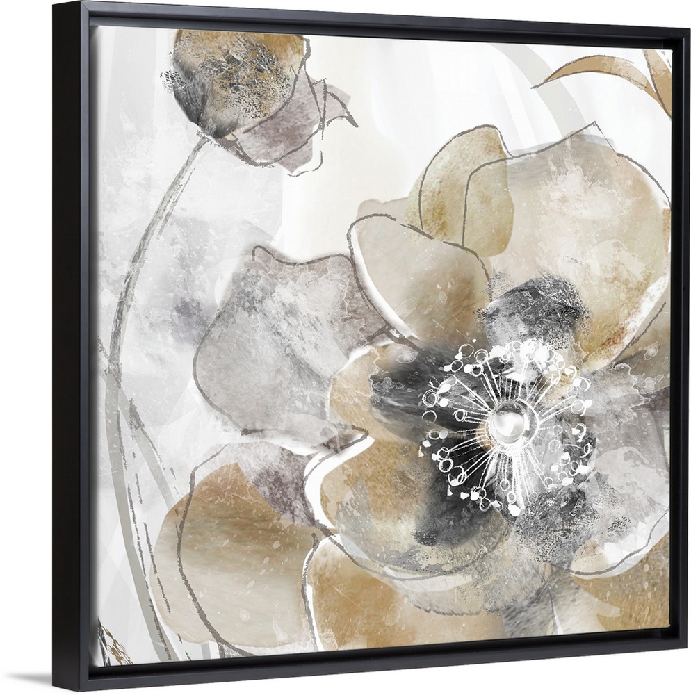 Square painting of poppy flowers in shades of gold and silver with white highlights.