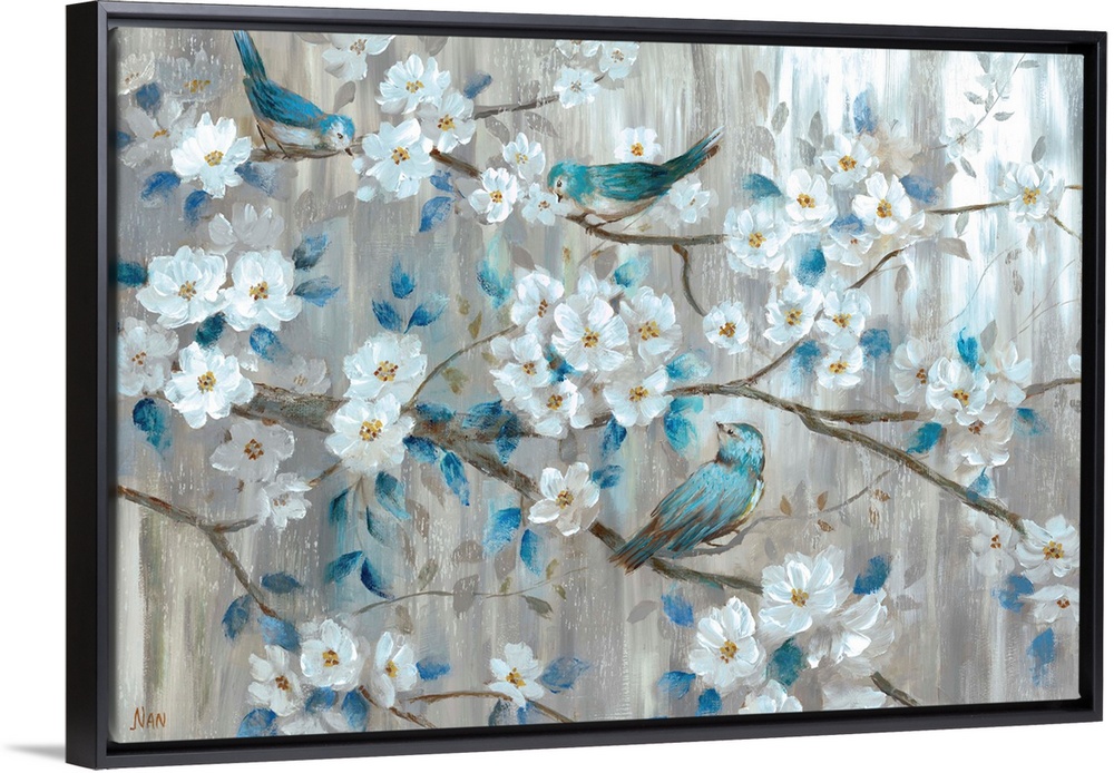 A sweet scene of three blue birds sitting among the branches of a tree laden with white blossoms. The neutral colorscheme ...