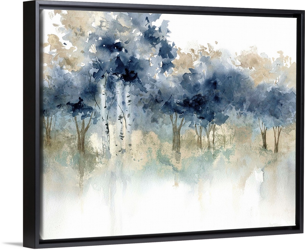 Abstract watercolor painting of a forest filled with indigo topped trees.